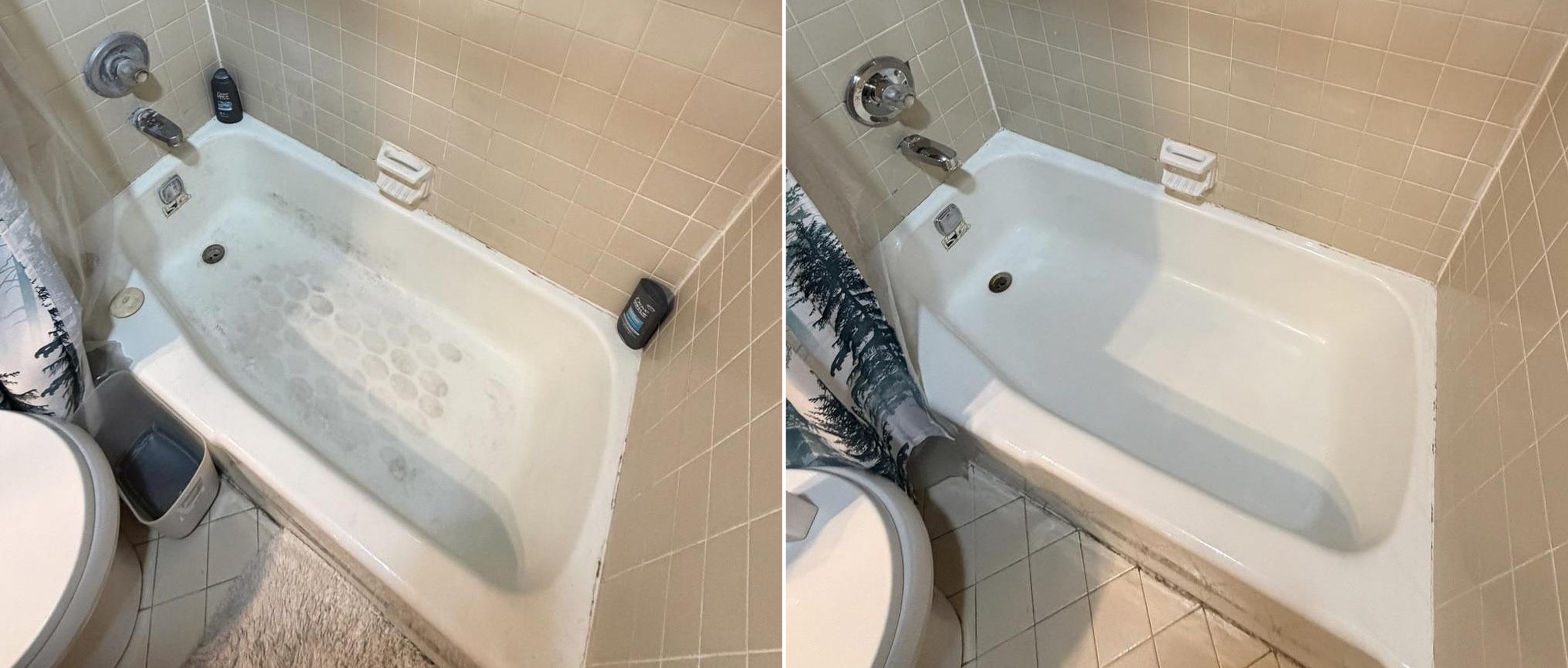 Bathtub and shower tile before and after deep cleaning, soap scum and grime removed