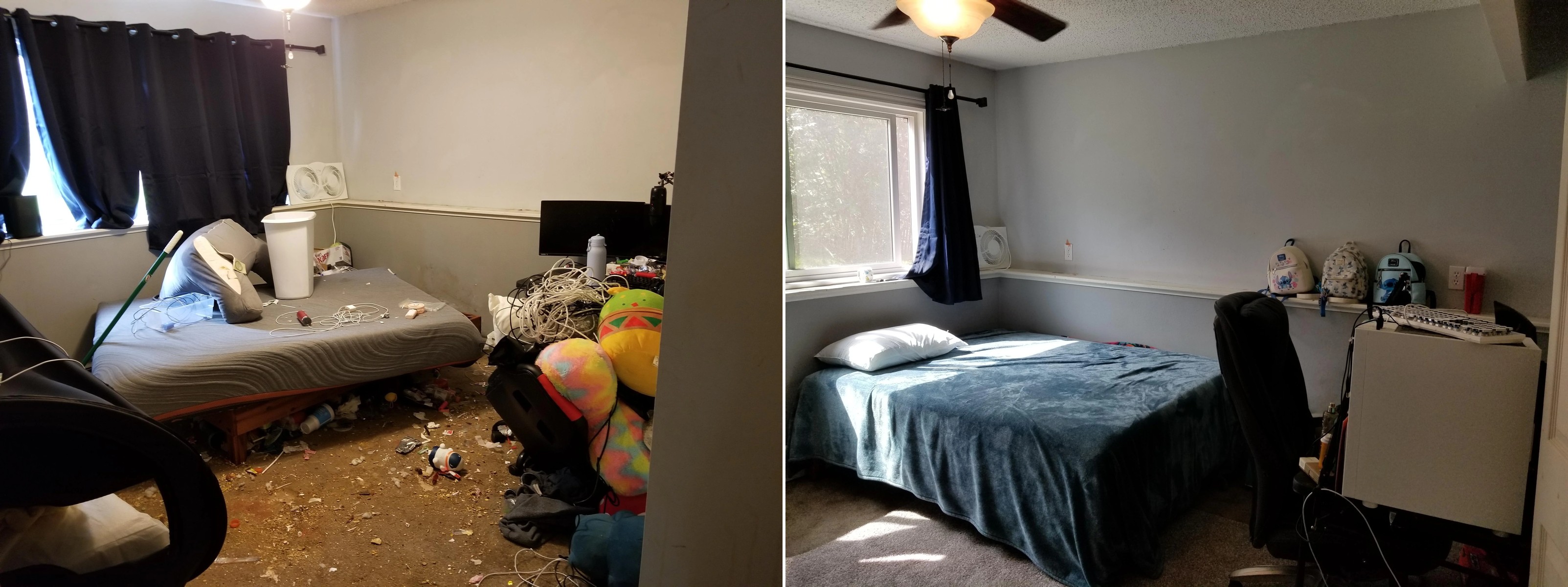 Cluttered bedroom before and after a Belvedere house deep clean, floor and surfaces fully cleared