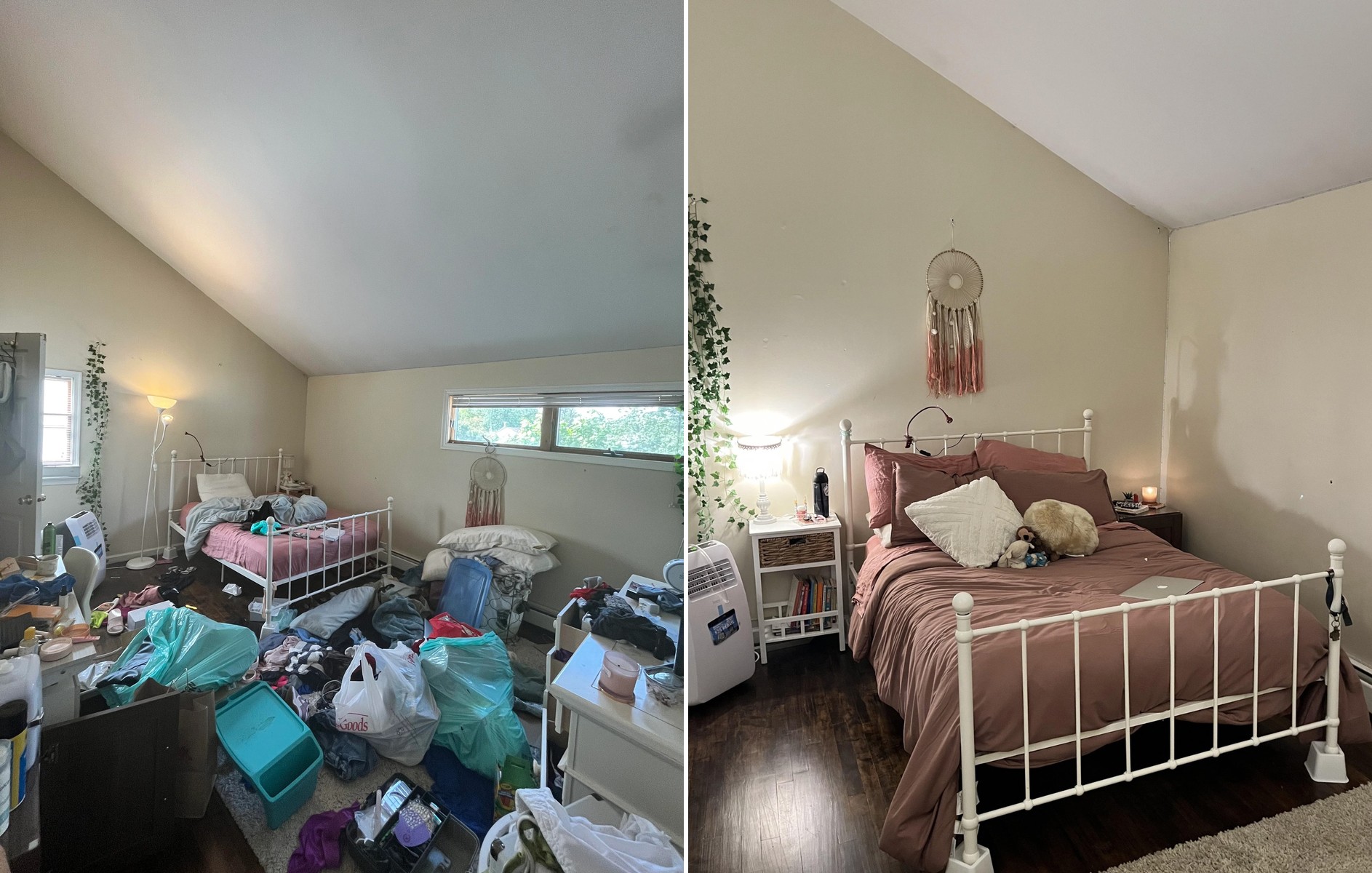 Messy bedroom before and after a Belvedere house deep clean, clutter and trash removed