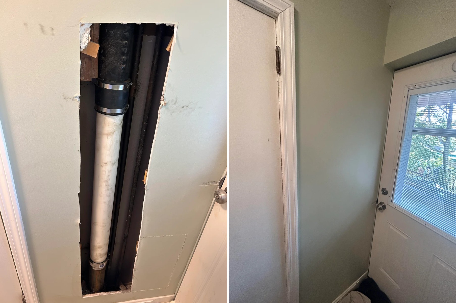 Drywall cut open for a plumbing pipe repair, then patched and repainted, before and after