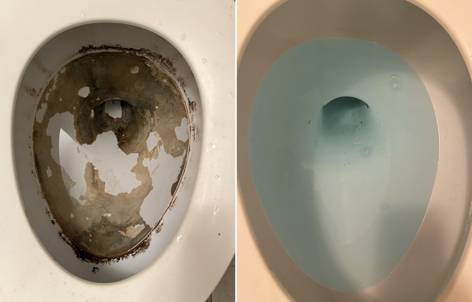 Toilet bowl before and after deep cleaning, hard water stains and buildup removed